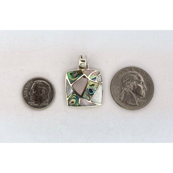 Vintage 925 Sterling Silver Abalone & Mother of Pearl Inlay Mosaic Pendant 3.3g - Picture 5 of 9
